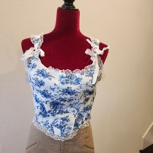 SHEIN White and Blue Toile Lace Trim Tank Top